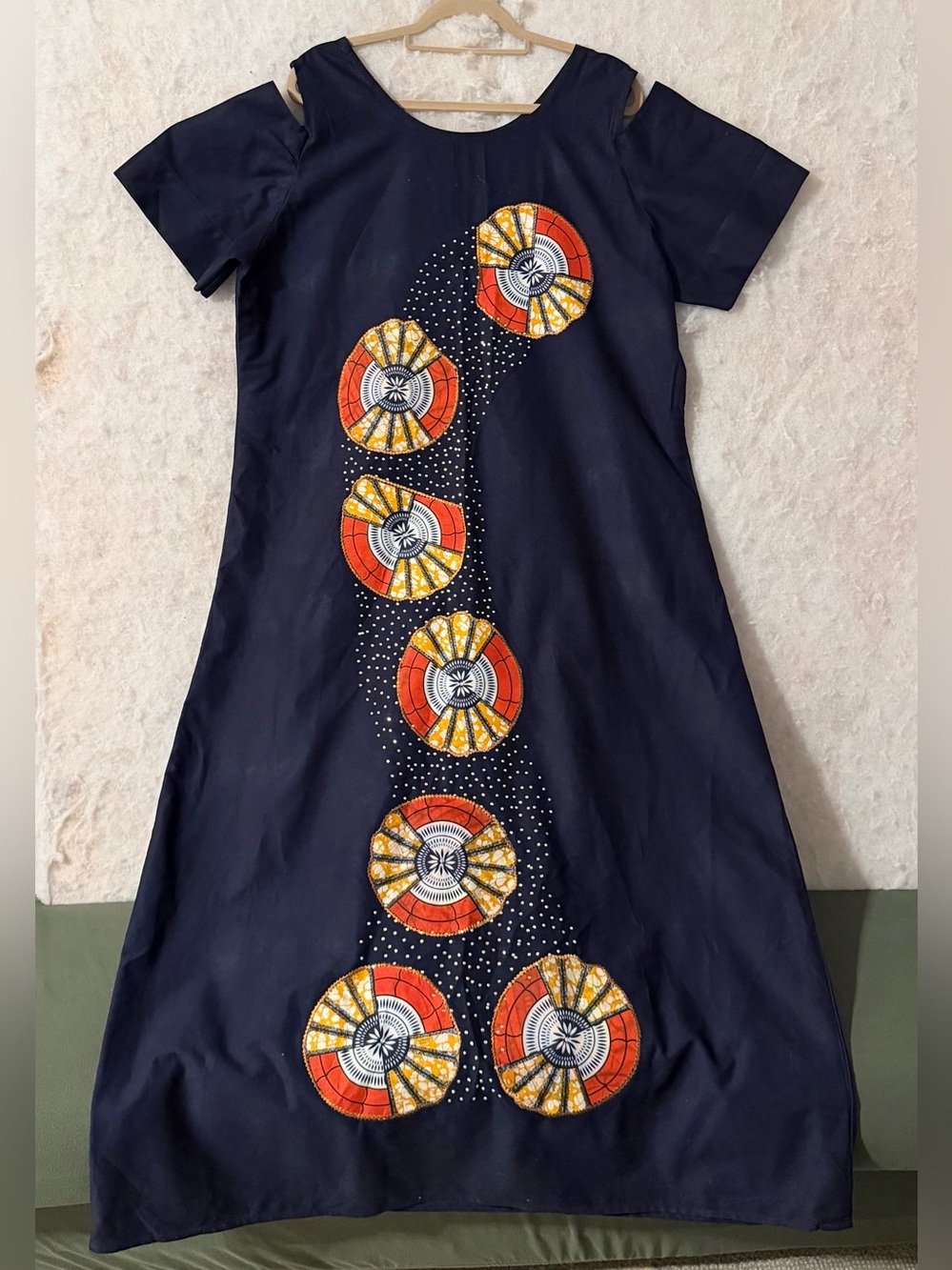 Women’s Navy Cold-Shoulder Dress with Orange & Yellow Embellished Print (SKU840)